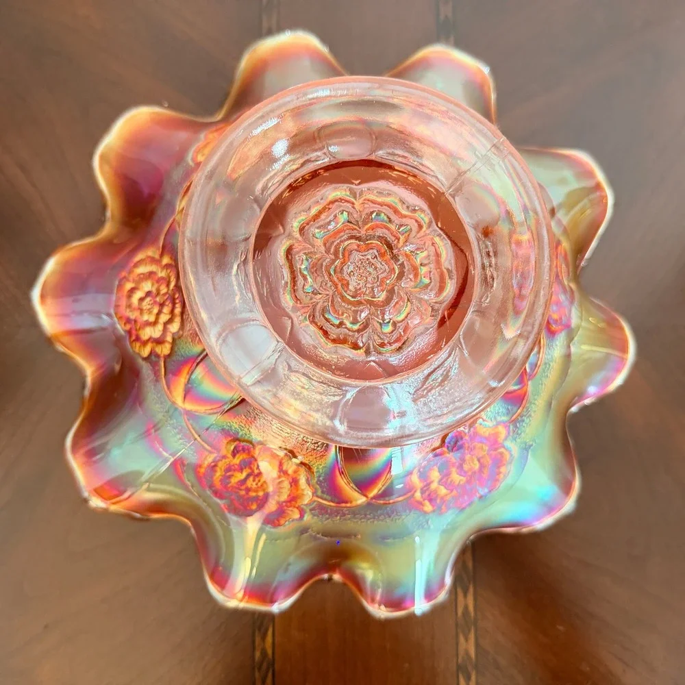 Vintage‎ Dugan Carnival Glass Bowl Marigold Ruffled Pedestal Compote Iridescent